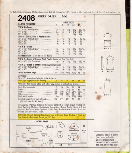 1970's McCall's Child's Front Zip Dress pattern - Chest 27" - No. 2408