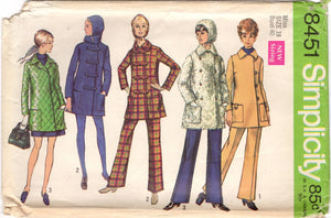 1960's Simplicity Car-Coat, Hood, and High Waisted Pants Pattern - Bust 40" - No. 8451