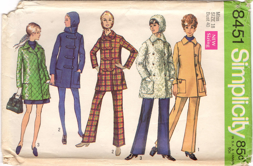1960's Simplicity Car-Coat, Hood, and High Waisted Pants Pattern - Bust 40