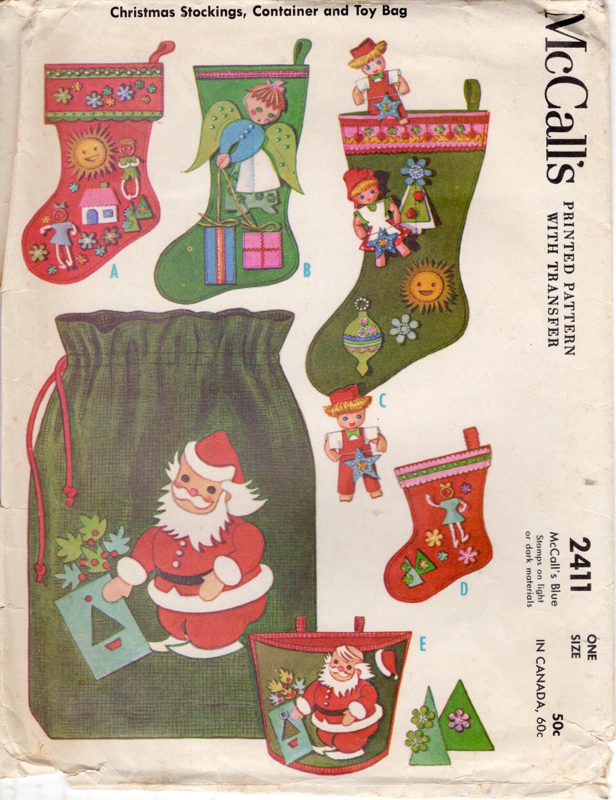 1960's McCall's Christmas Christmas Stockings, Toy Bag and Bucket Pattern - One Size - No. 2411