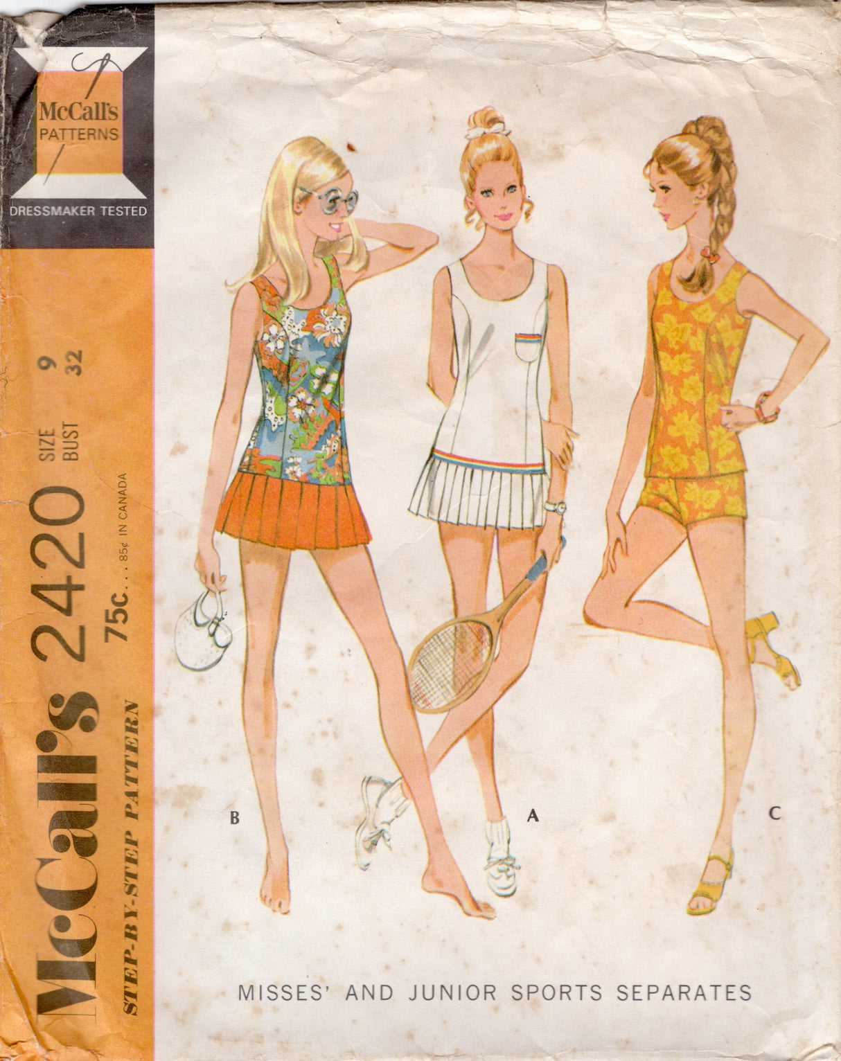 1970's McCall's Sports Separates Pattern for Princess Seam Tank Top with or without Pleated Skirt and Lined Shorts - Bust 32" - No. 2420