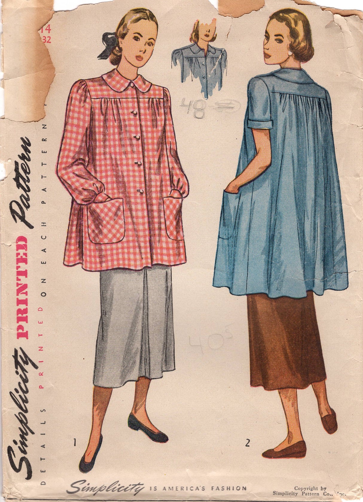 1940's Simplicity Smock Pattern in two lengths - Bust 32" - No. 2436