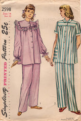 1940's Simplicity Two Piece Pajama pattern with Ruffle Accent - Bust 32" - No. 2598