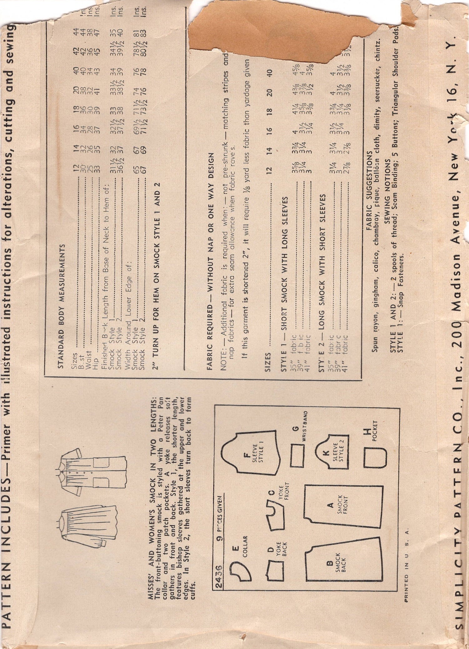 1940's Simplicity Smock Pattern in two lengths - Bust 32