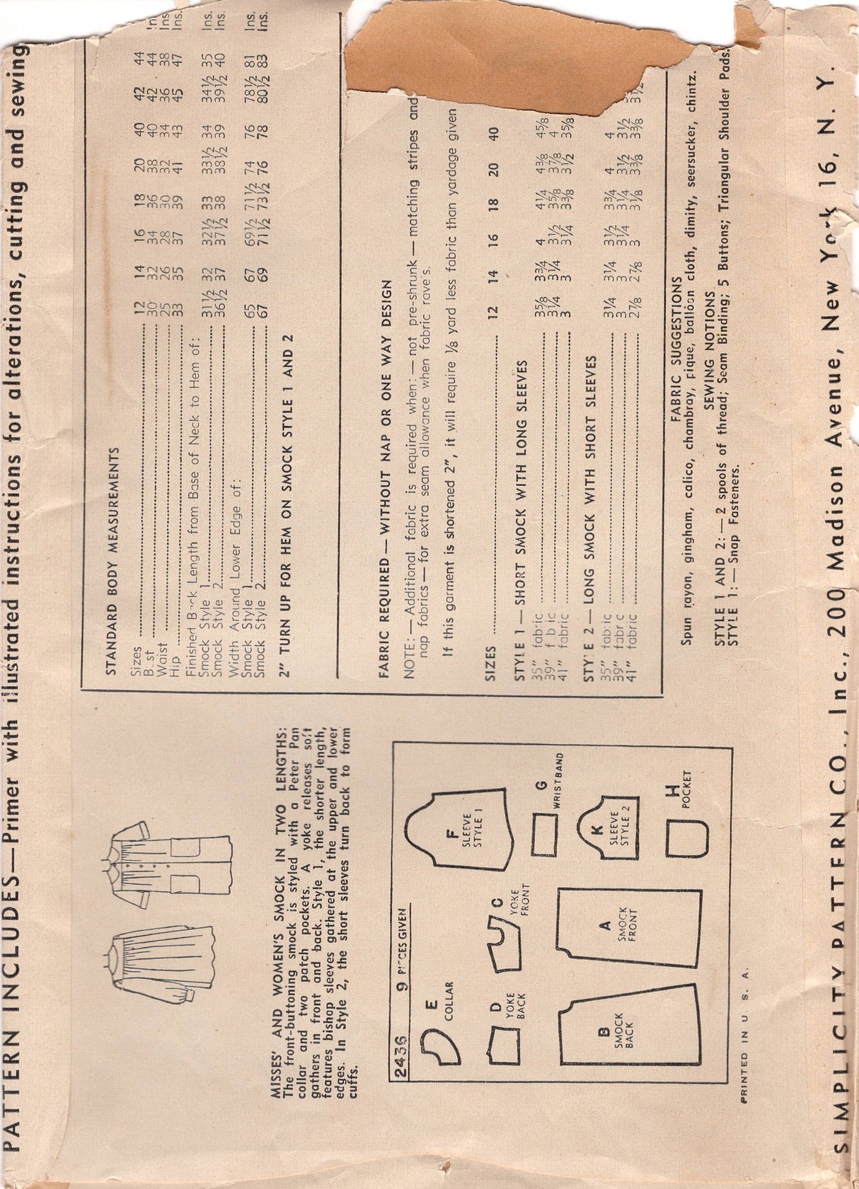 1940's Simplicity Smock Pattern in two lengths - Bust 32" - No. 2436