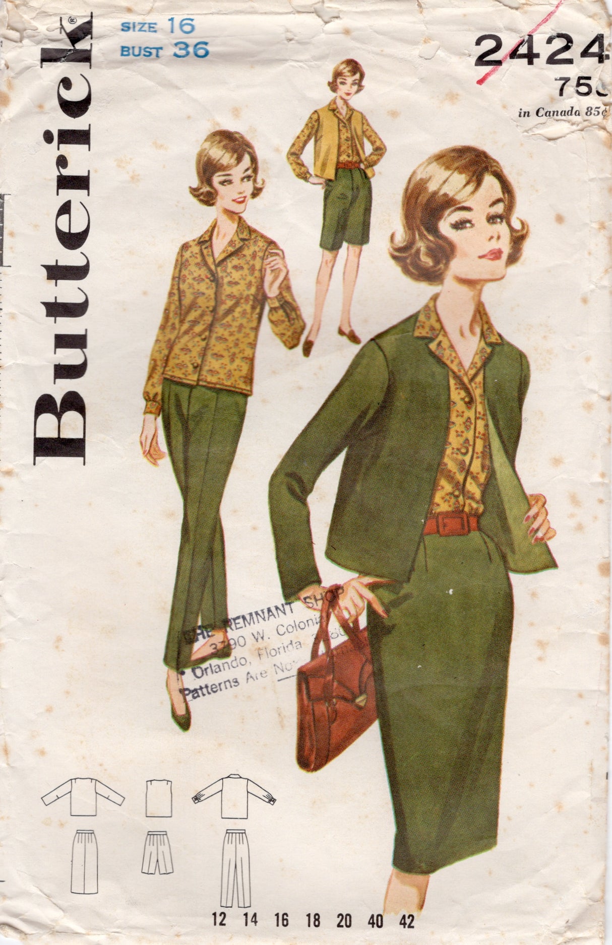 1960's Butterick Button Up Blouse, Jacket and Pants or Bermuda Shorts Pattern - Bust 36" - No. 2424