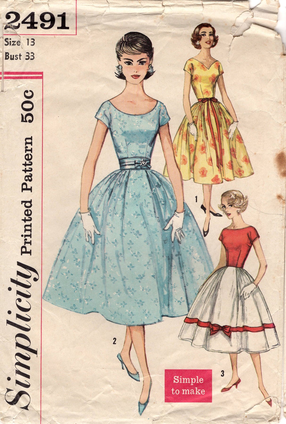 1950's Simplicity Fit and Flare Dress with 3 Necklines and Fabric Belt Pattern - Bust 33" - No. 2491