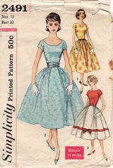 1950's Simplicity Fit and Flare Dress with 3 Necklines and Fabric Belt Pattern - Bust 33" - No. 2491