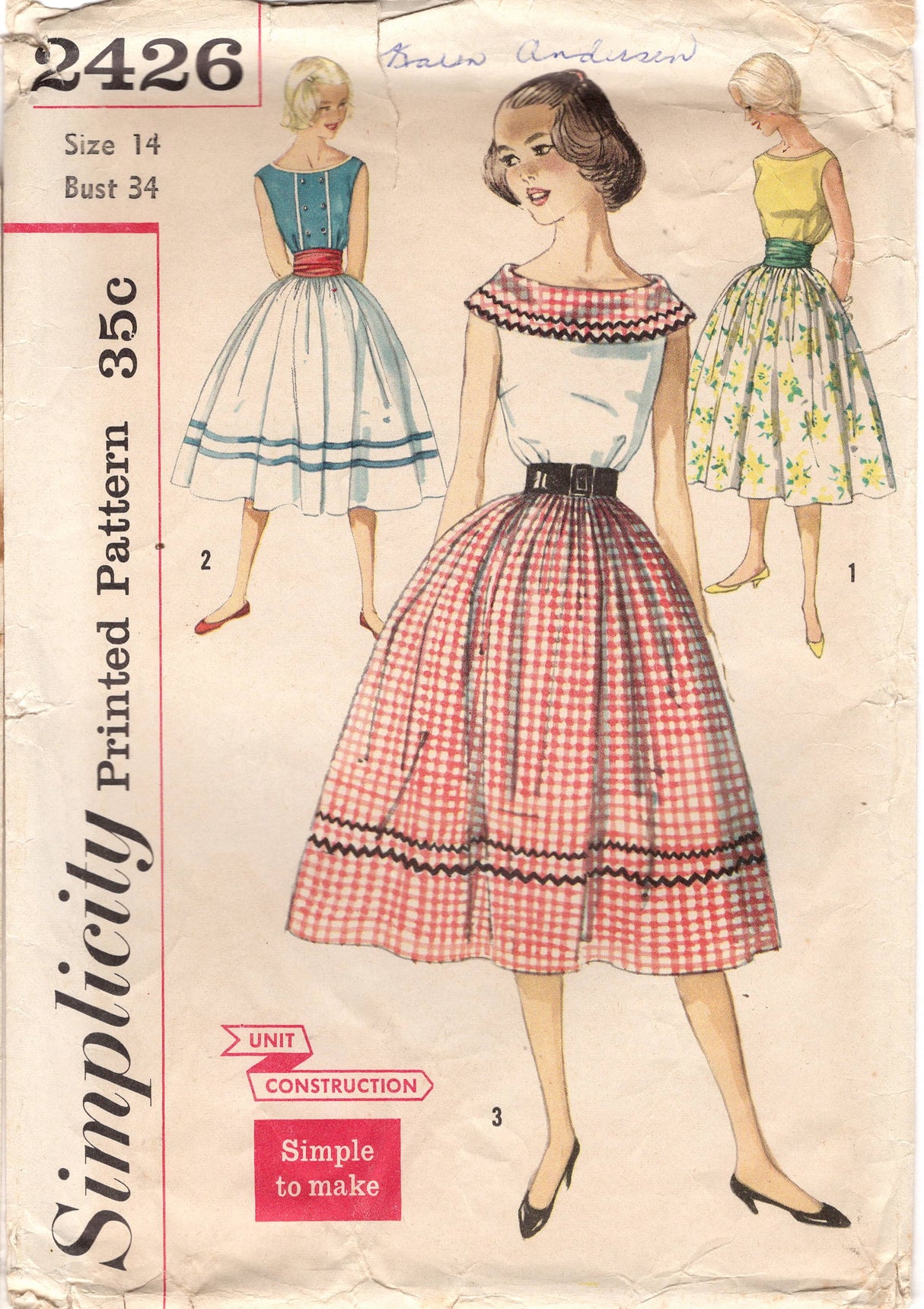 1950's Simplicity Jewel Neckline Blouse, Gathered Skirt and Cummerbund Pattern - Bust 34" - No. 2426