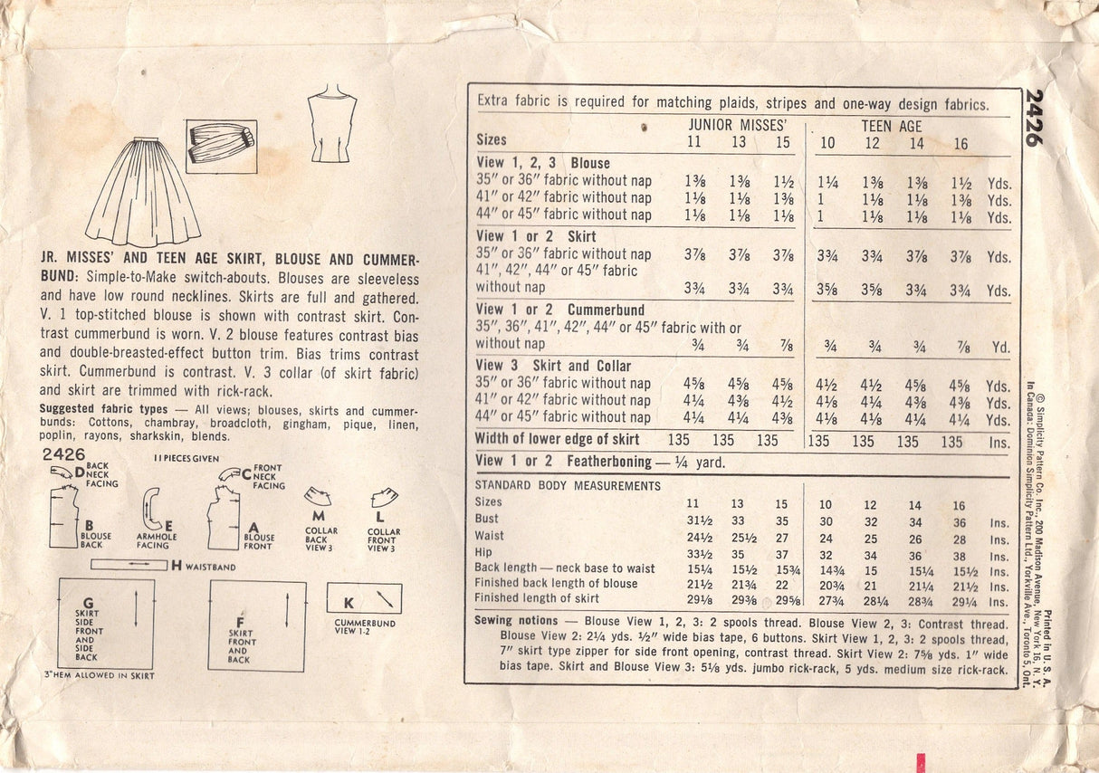 1950's Simplicity Jewel Neckline Blouse, Gathered Skirt and Cummerbund Pattern - Bust 34" - No. 2426