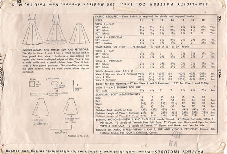 1950's Simplicity Full Slip and Flared Petticoat - Bust 34" - No. 3766