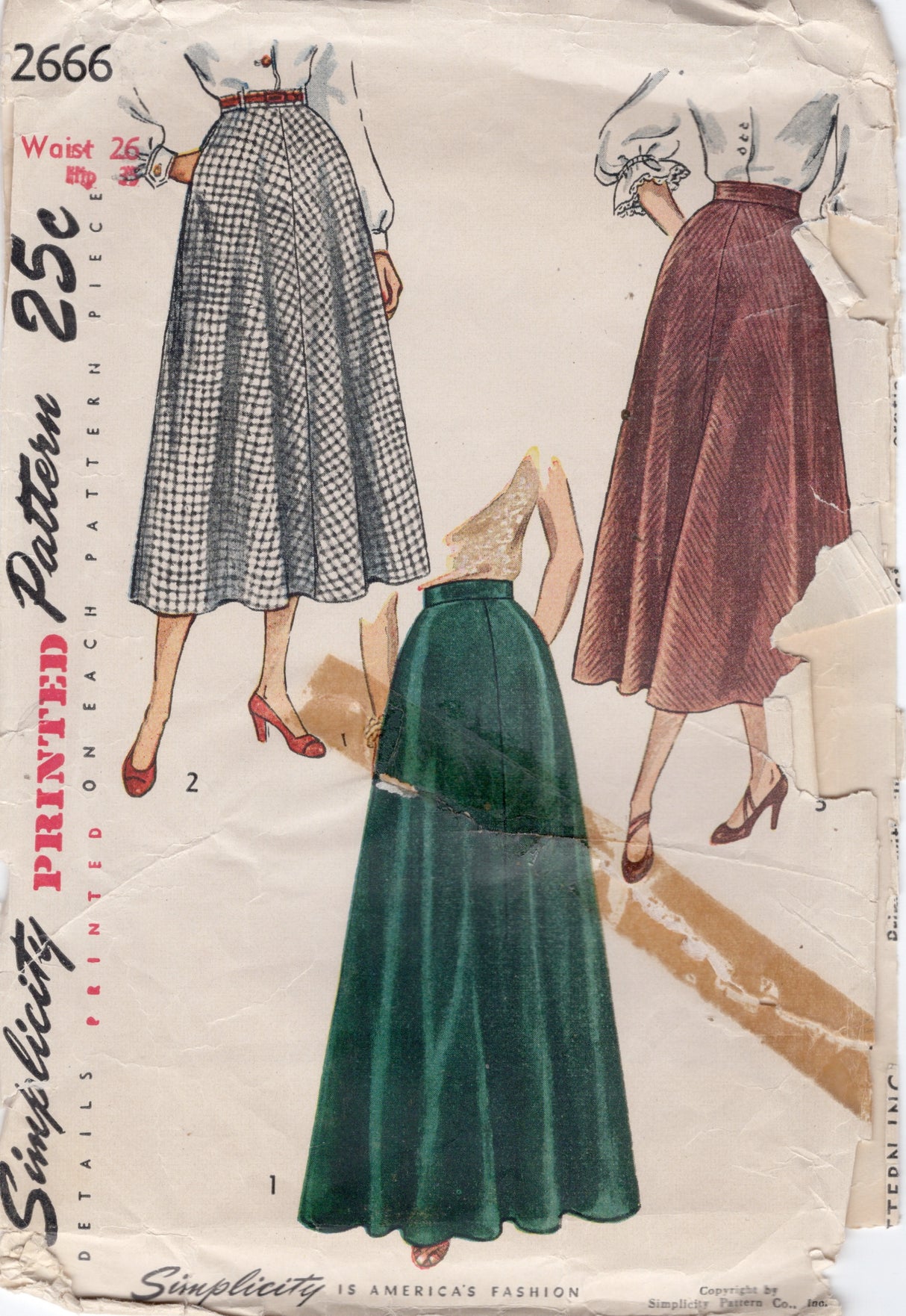 1940's Simplicity Flared Skirt Pattern in Two lengths - Waist 26" - No. 2666