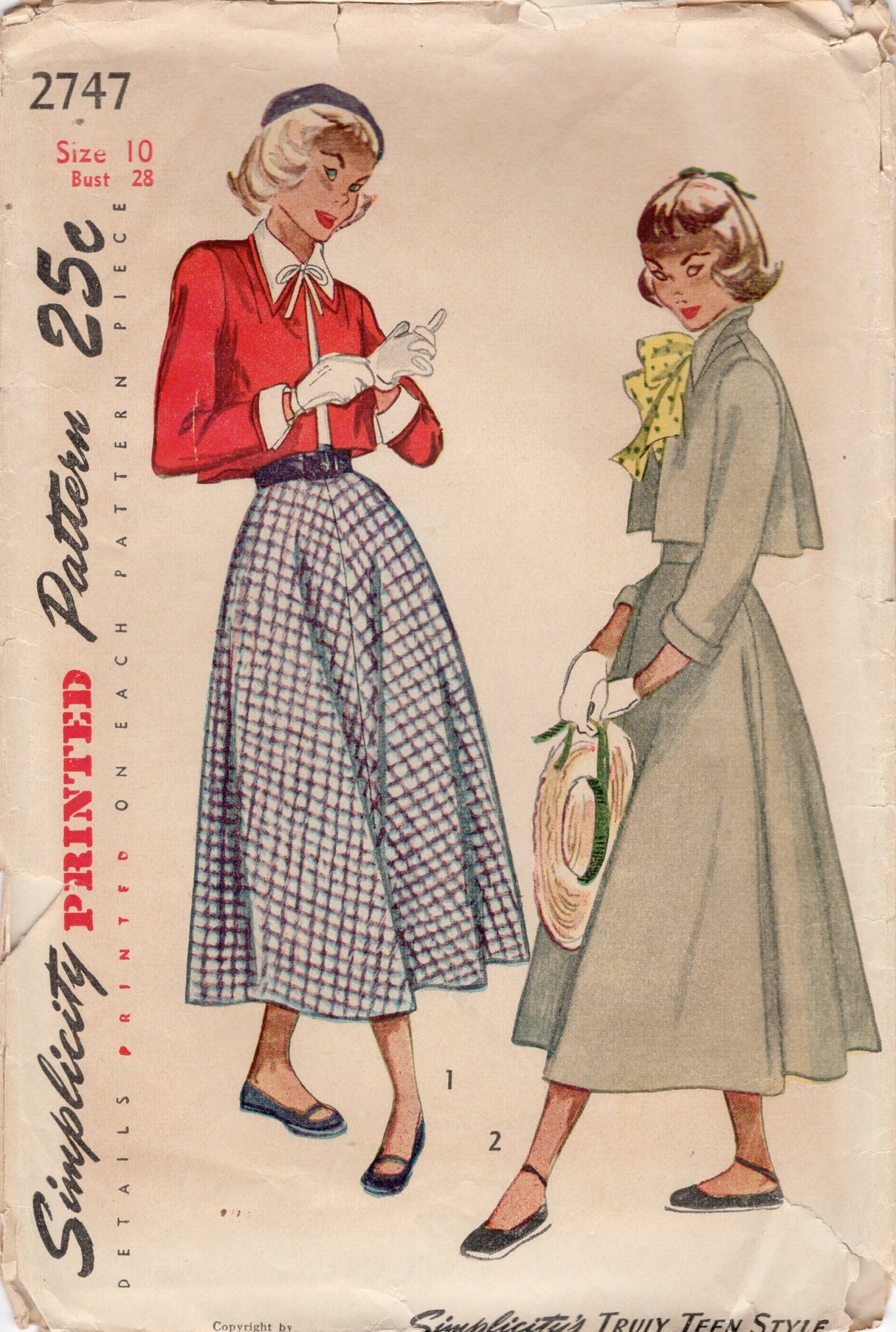 1940's Simplicity Bolero Jacket Suit with Flared Skirt and Detachable Collar and Cuffs - Bust 28" - No. 2747