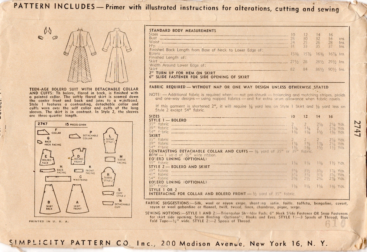 1940's Simplicity Bolero Jacket Suit with Flared Skirt and Detachable Collar and Cuffs - Bust 28" - No. 2747
