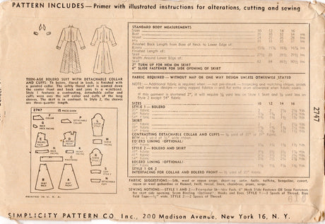 1940's Simplicity Bolero Jacket Suit with Flared Skirt and Detachable Collar and Cuffs - Bust 28" - No. 2747