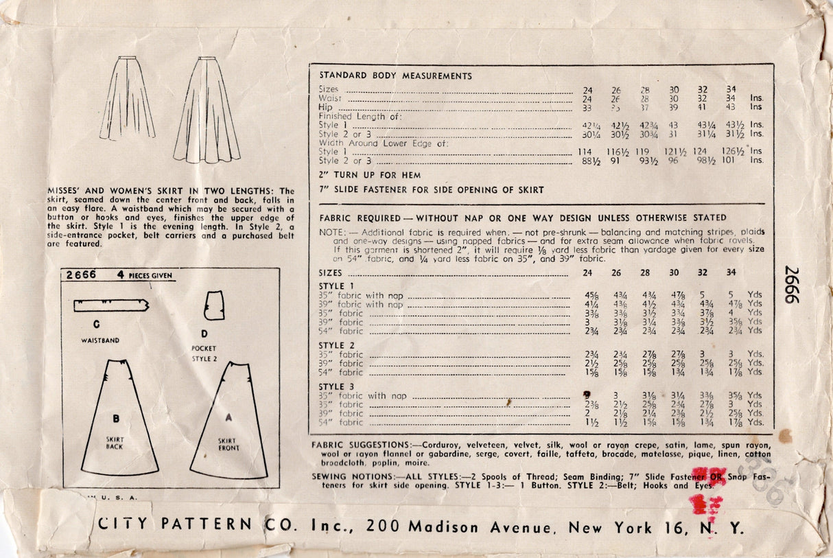 1940's Simplicity Flared Skirt Pattern in Two lengths - Waist 26" - No. 2666