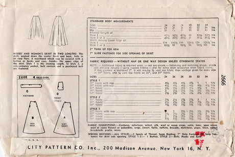 1940's Simplicity Flared Skirt Pattern in Two lengths - Waist 26" - No. 2666