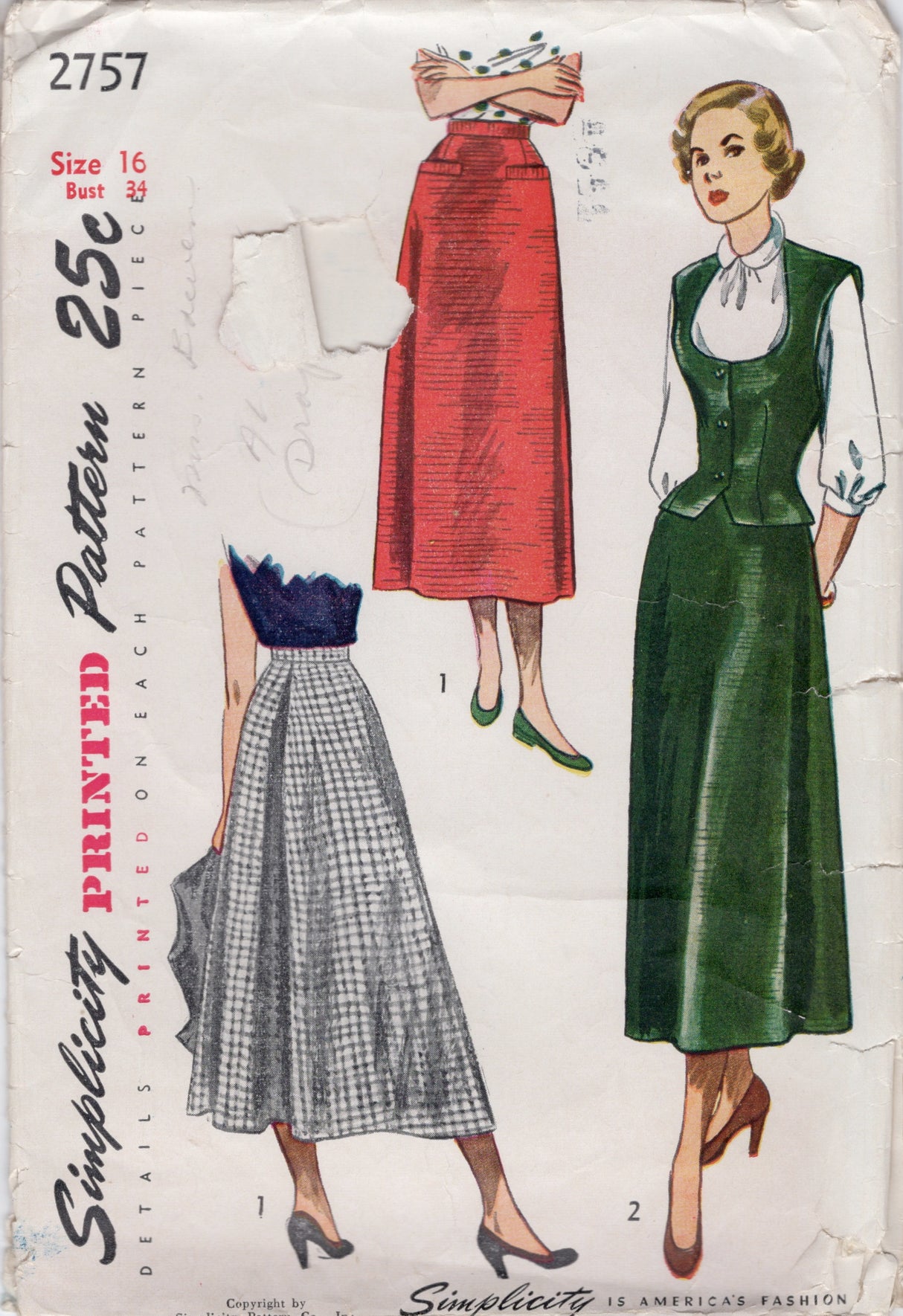 1940's Simplicity Weskit Vest and Skirt with Back Pleat - Bust 34" - No. 2757