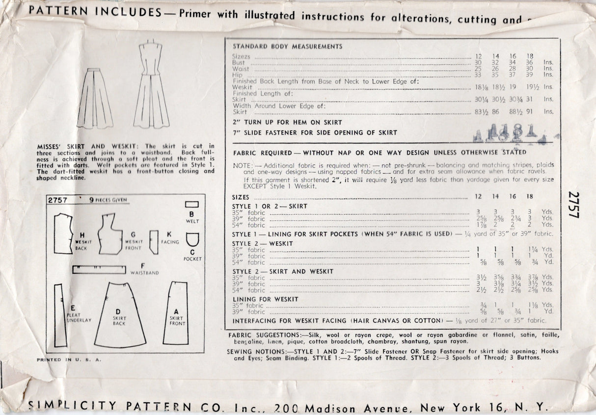 1940's Simplicity Weskit Vest and Skirt with Back Pleat - Bust 34" - No. 2757