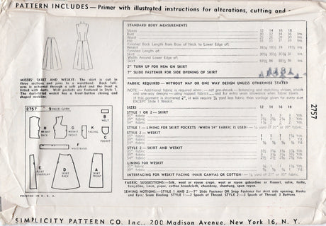 1940's Simplicity Weskit Vest and Skirt with Back Pleat - Bust 34" - No. 2757