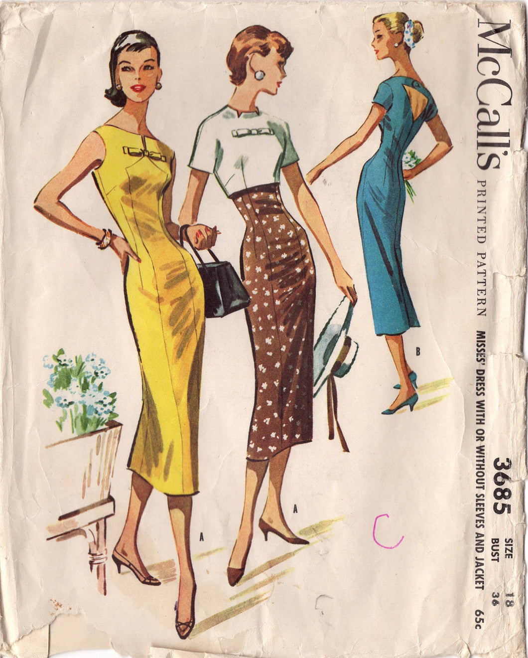 1950's McCall's One Piece Sheath Dress Pattern with Keyhole Back and Cropped Jacket Pattern - Bust 36