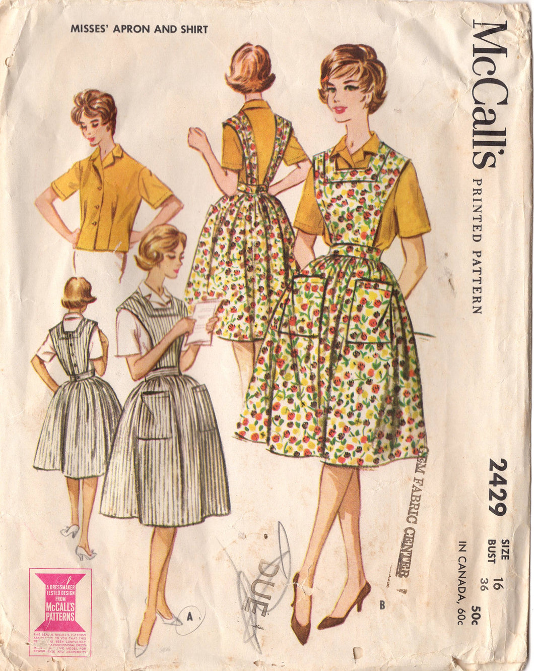 1960's McCall's Full Apron with Two Pockets and Button Up Blouse Pattern - Bust 36