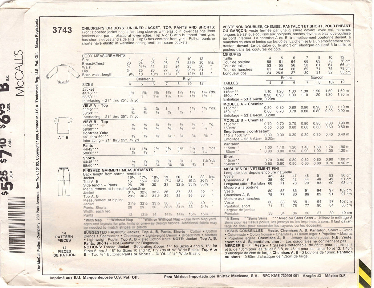 1980's McCall's Child's Zip Front Jacket, Shirt, Shorts and Pants Pattern - Chest 23" - No. 3743