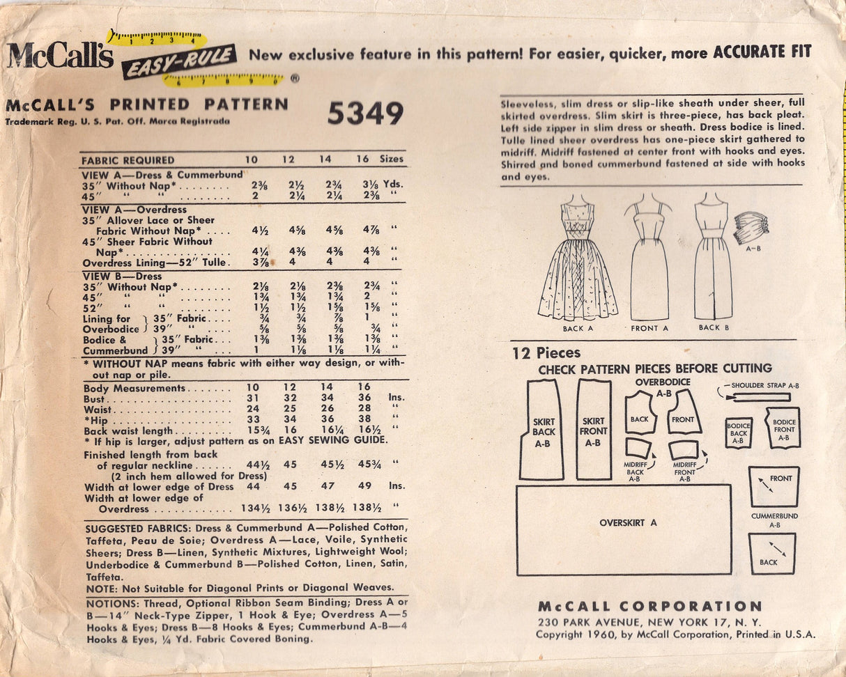 1960's McCall's One Piece Sheath Dress Pattern with Large overskirt and Cummerbund - Bust 32" - No. 5349