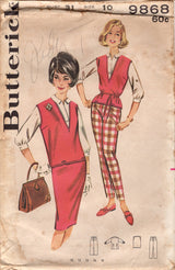 1960's Butterick Overblouse, Blouse, Sheath Skirt and Cigarette Pants Coordinates - Bust 31" - No. 9868