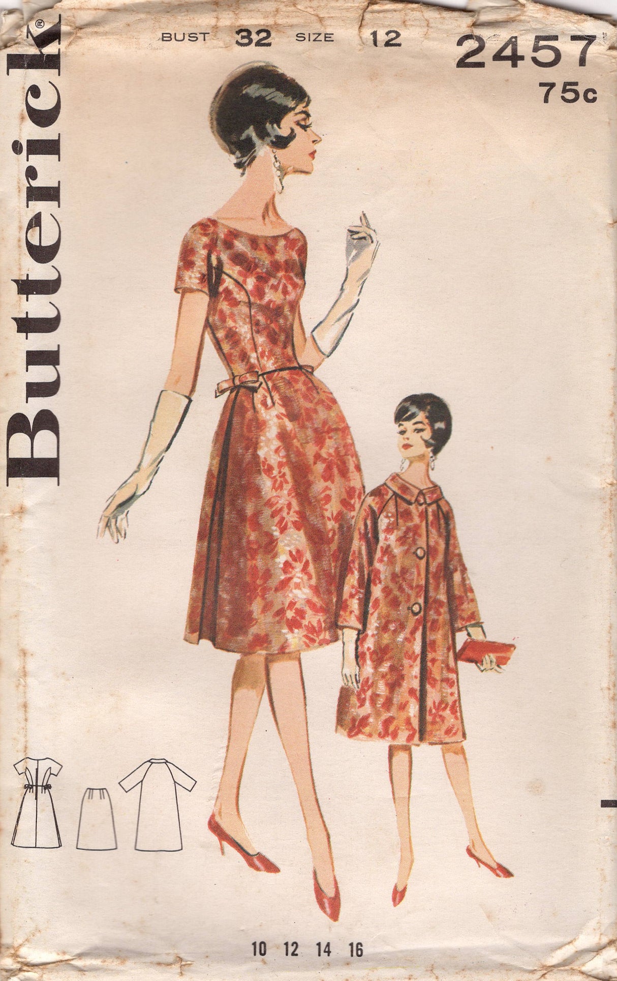 1960's Butterick One-Piece Princess Line Dress and Raglan Sleeve Coat Pattern - Bust 32" - No. 2457