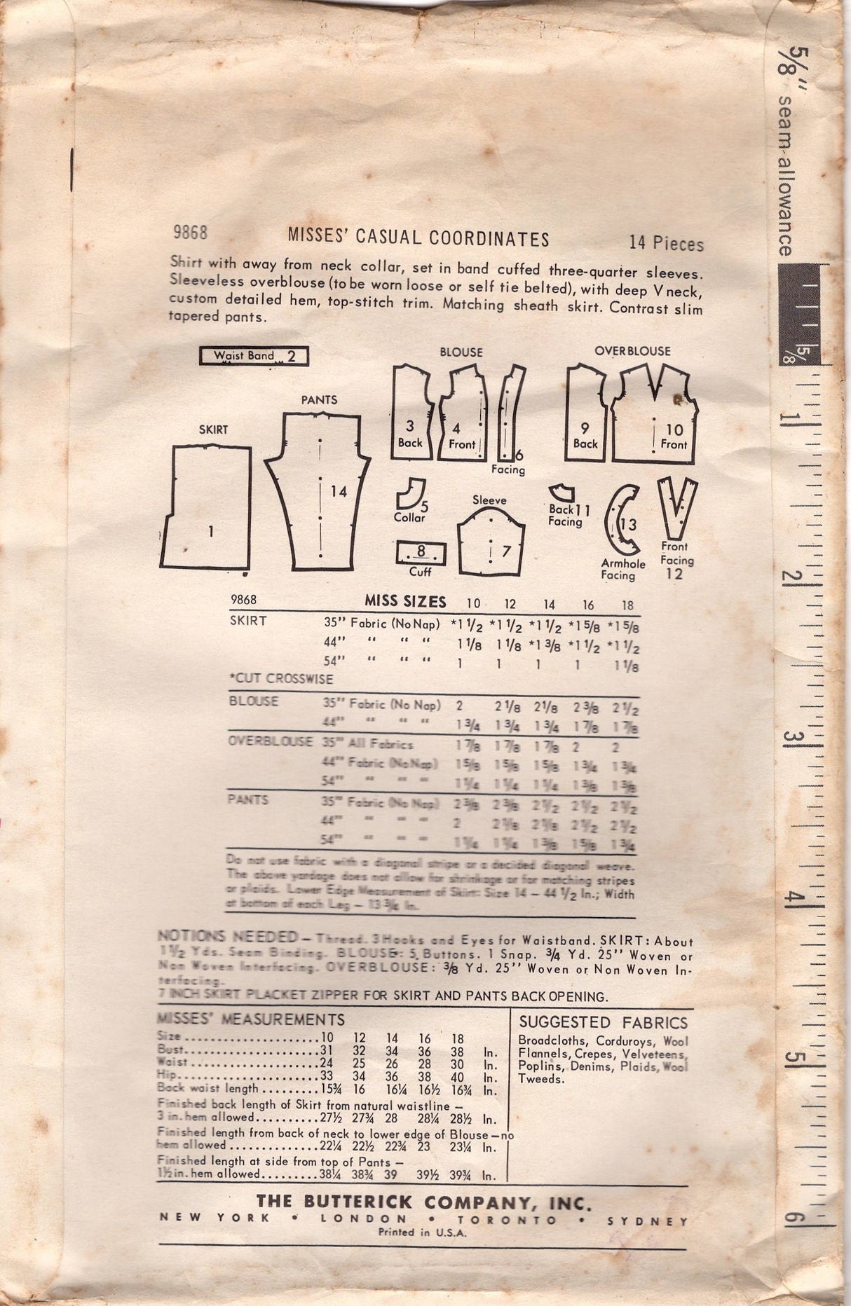 1960's Butterick Overblouse, Blouse, Sheath Skirt and Cigarette Pants Coordinates - Bust 31" - No. 9868