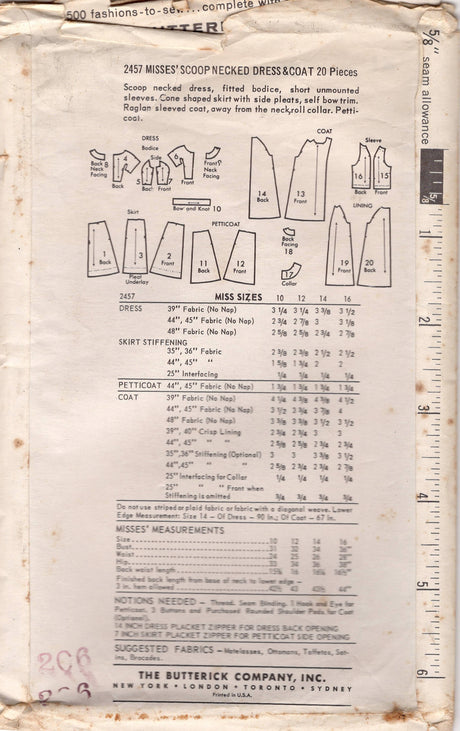 1960's Butterick One-Piece Princess Line Dress and Raglan Sleeve Coat Pattern - Bust 32" - No. 2457