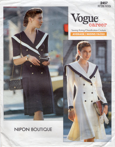 1980's Vogue Career Double Breasted Princess Seam Sailor Dress Pattern - Bust 36-40