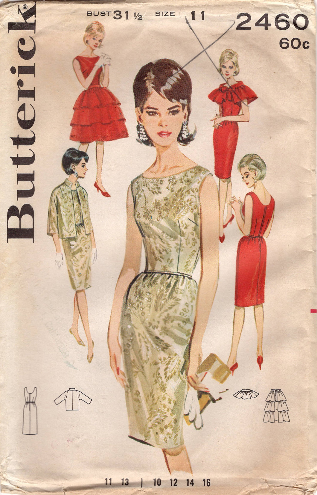 1960's Butterick Sheath Dress and Jacket Pattern with Capelet and Ruffle Overskirt - Bust 31.5