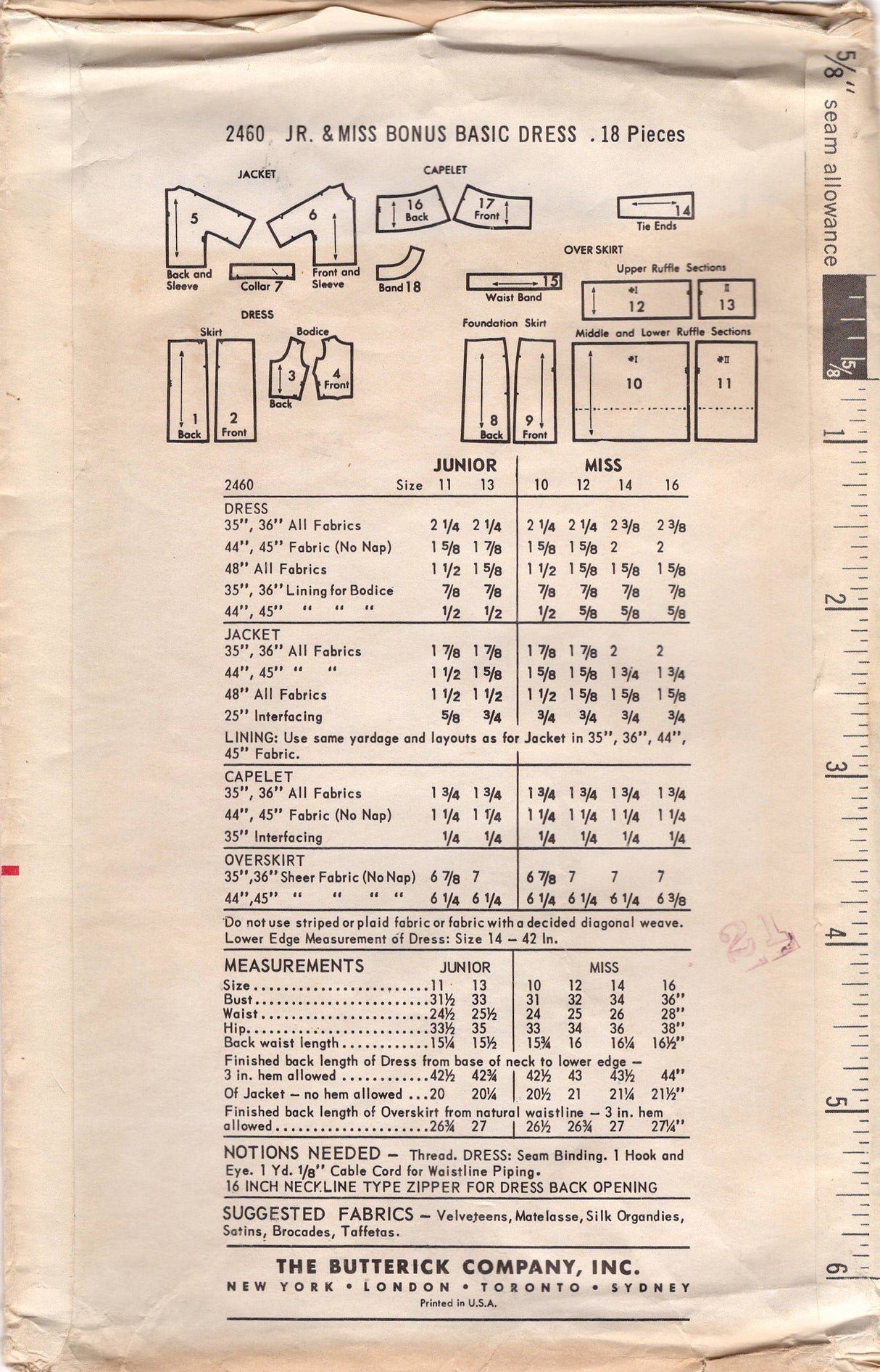 1960's Butterick Sheath Dress and Jacket Pattern with Capelet and Ruffle Overskirt - Bust 31.5" - No. 2460