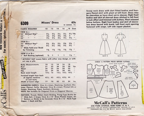 1960's McCall's Fit and Flare Dress Pattern with Side Button Accent - Bust 34" - No. 6309