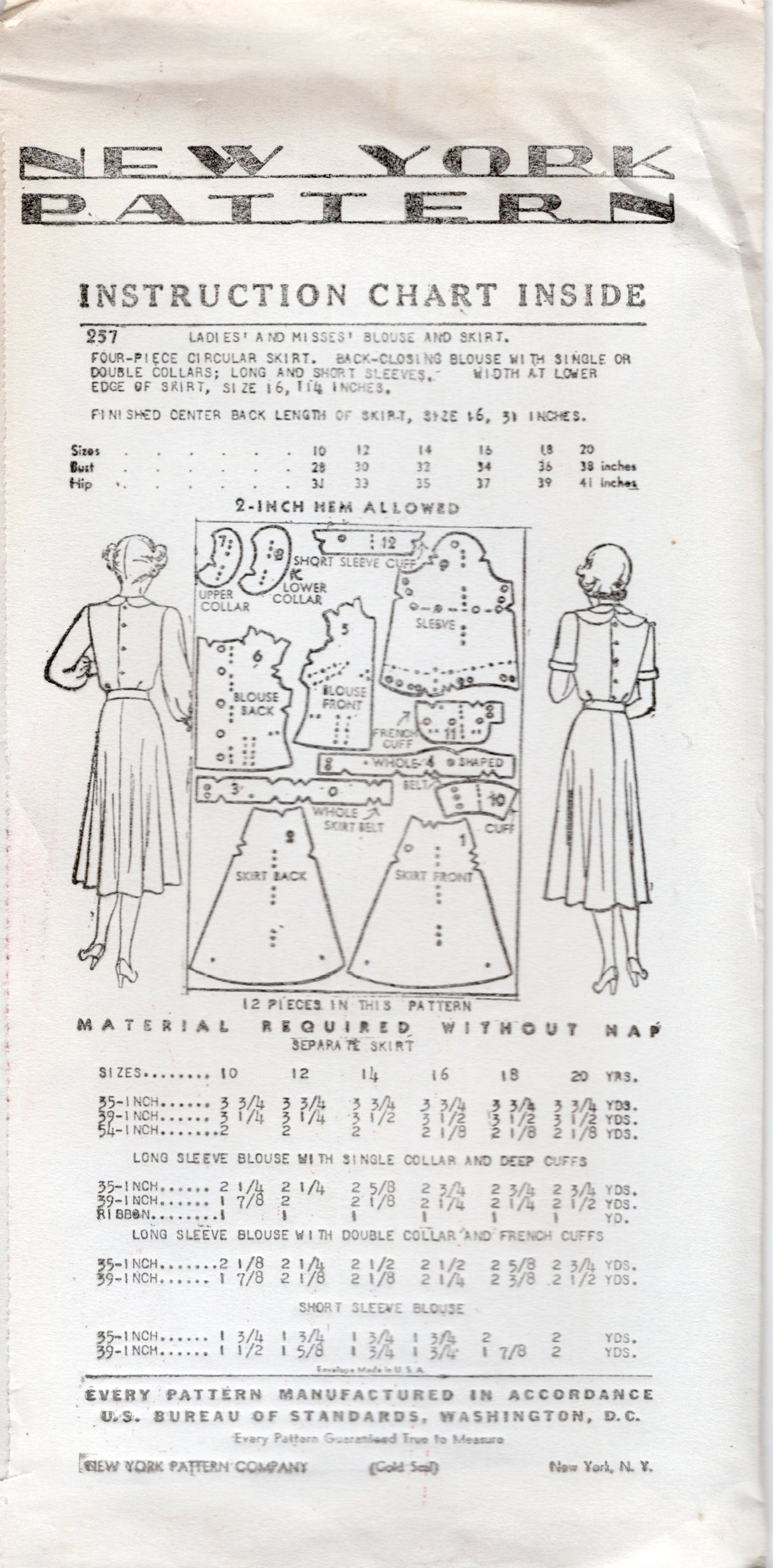 1940's New York Blouse and Circular Skirt Pattern - Bust 30-36" - No. 257