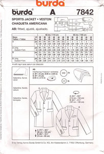 Modern Burda Men's Sports Jacket in Two lengths Pattern - Chest 36-46" - No. 7842