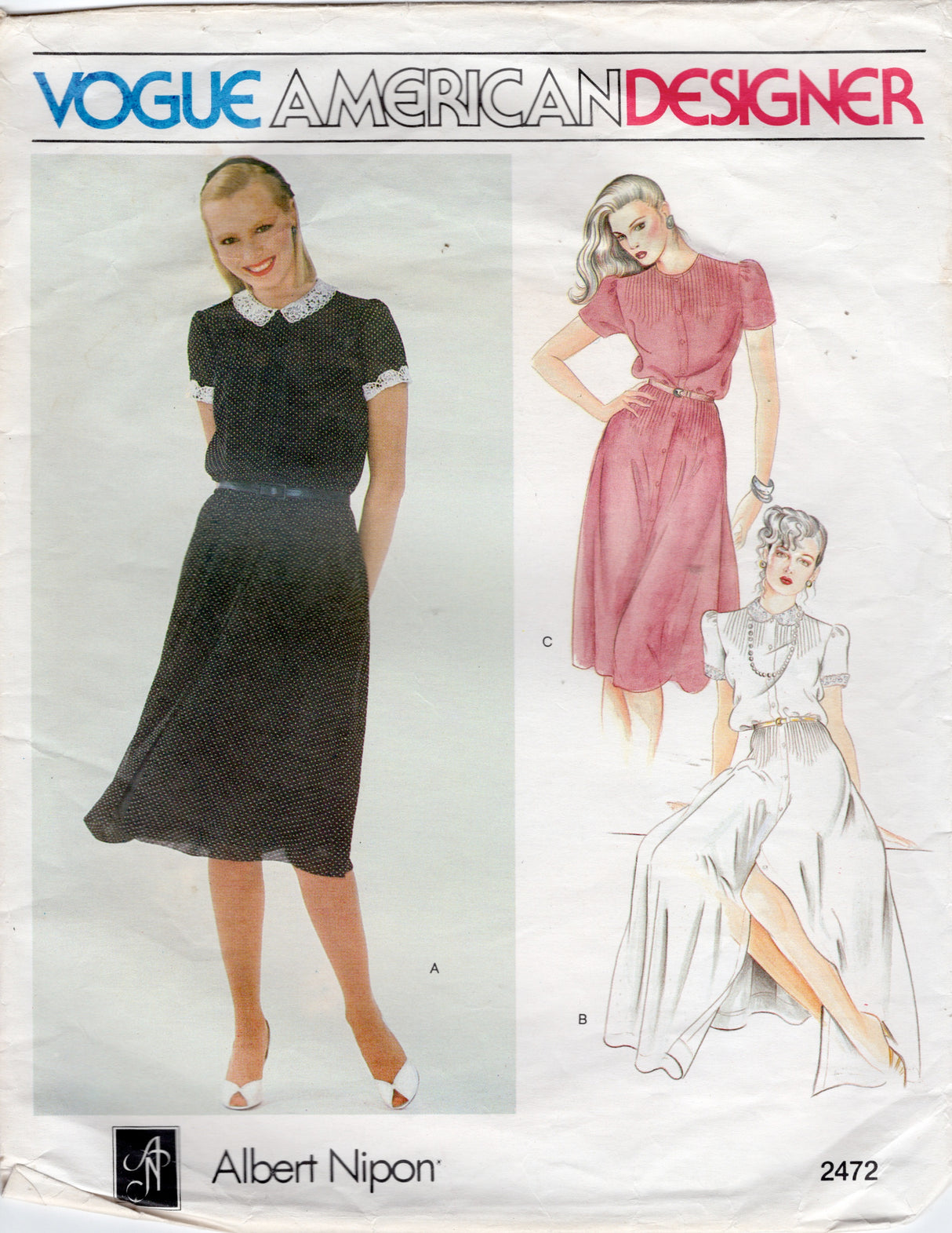 1980's Vogue American Designer Button Up Dress with Pin Tucked Bodice and Skirt - Albert Nipon - Bust 31.5" - No. 2472