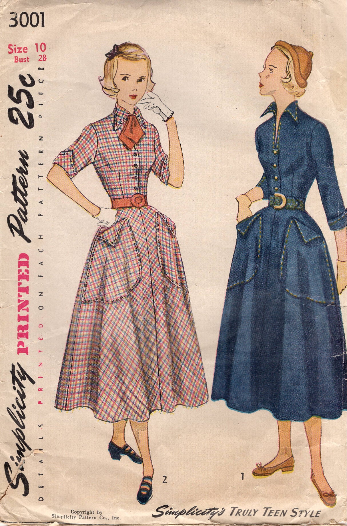 1940's Simplicity Shirtwaist Dress Pattern with Large Pockets and Tall Collar - Bust 28" - No. 3001