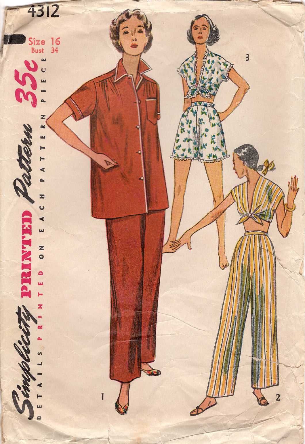 1950's Simplicity Two Piece Pajama Set with optional Tie Top and Shorts - Bust 34