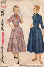 1940's Simplicity Shirtwaist Dress Pattern with Large Pockets and Tall Collar - Bust 28" - No. 3001