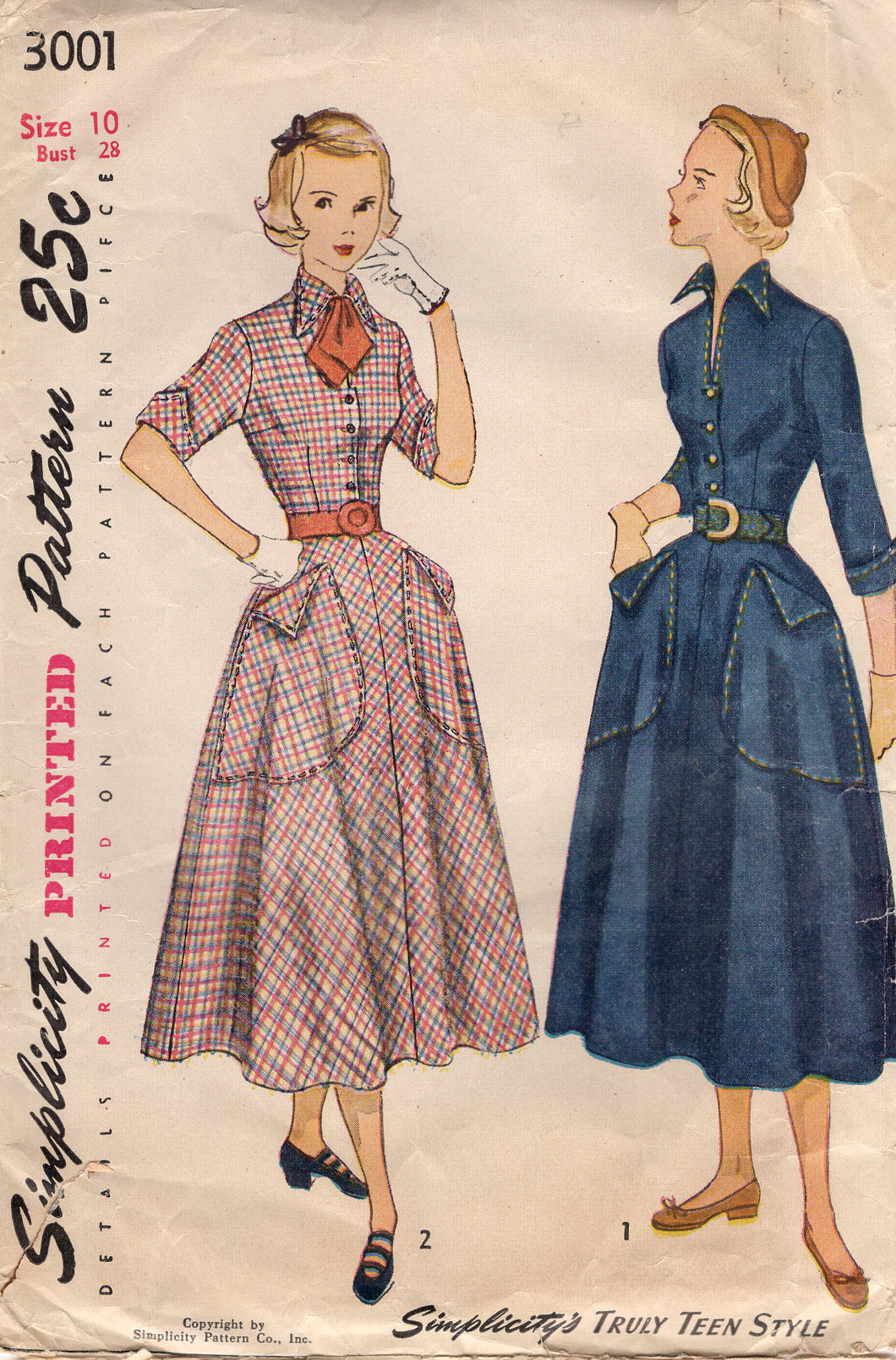 1940's Simplicity Shirtwaist Dress Pattern with Large Pockets and Tall Collar - Bust 28