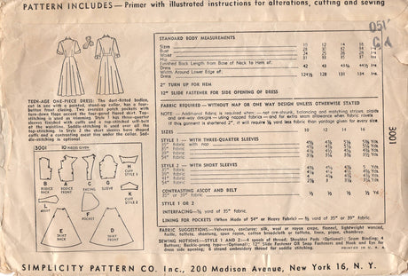 1940's Simplicity Shirtwaist Dress Pattern with Large Pockets and Tall Collar - Bust 28" - No. 3001