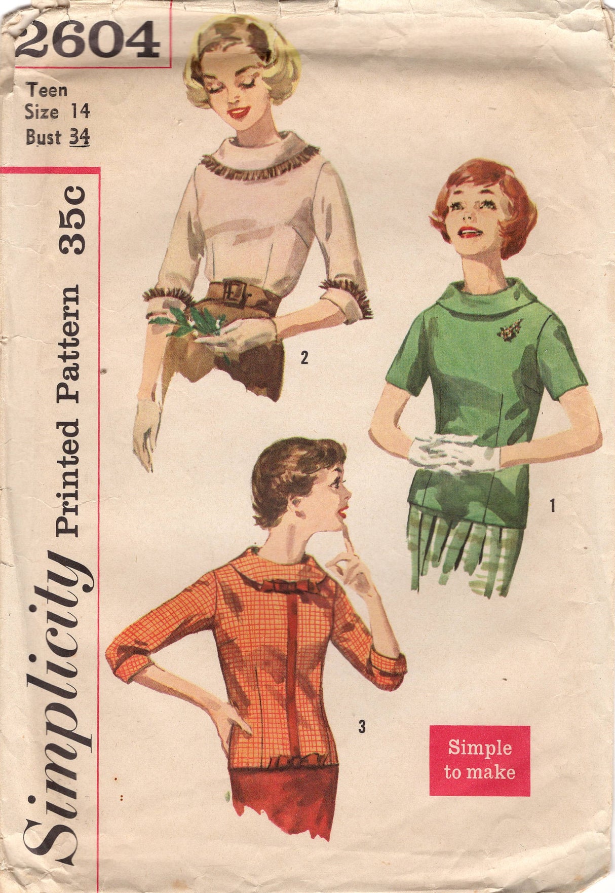 1950's Simplicity Blouse and Overblouse with Rolled Collar and Bow Pattern - Bust 34" - No. 2604