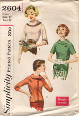 1950's Simplicity Blouse and Overblouse with Rolled Collar and Bow Pattern - Bust 32" - No. 2604