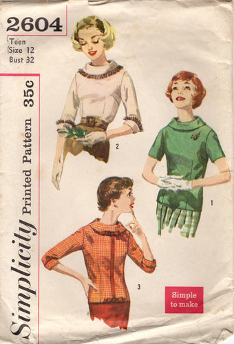 1950's Simplicity Blouse and Overblouse with Rolled Collar and Bow Pattern - Bust 32