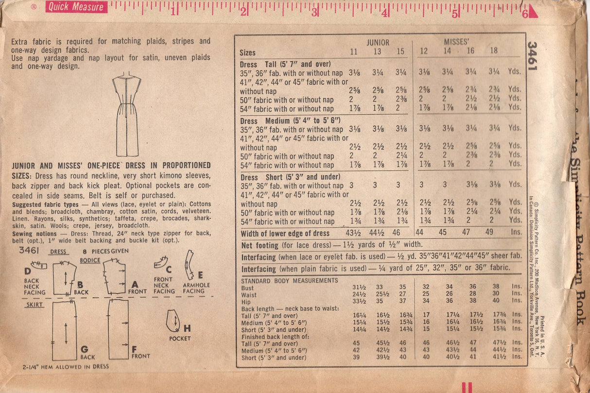 1960's Simplicity Misses' One-Piece Sheath Dress pattern with boat neckline in proportioned sizing - Bust 33" - No. 3461