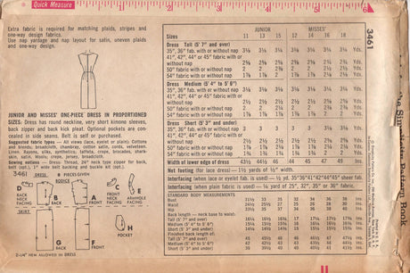 1960's Simplicity Misses' One-Piece Sheath Dress pattern with boat neckline in proportioned sizing - Bust 33" - No. 3461