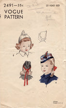 1940’s Vogue Simple to Make Child's Hat - size 20 - No. 2491